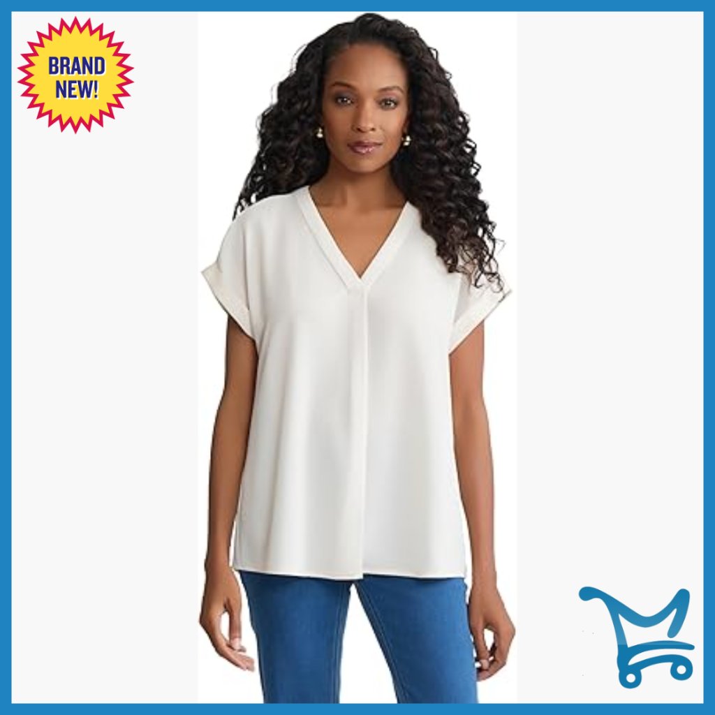 Lightweight V-Neck Rolled Cuff Top, Wrinkle-Resistant Polyester, Regular Fit